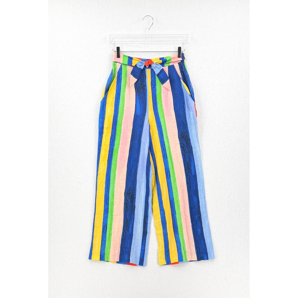 MARA HOFFMAN Rainbow Stripe Wide Leg Pants Women 4 Linen Tie Waist High Rise - Picture 4 of 15